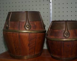 These are a good find. Artist craft of wooden barrel forms with brass accents. Not signed. but . they are interesting. 