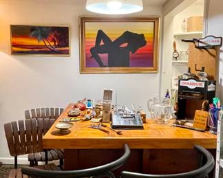 Corner bar.  Bar ware.  Barstools.  
Original paintings 50% off