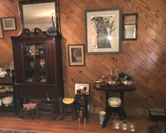 China cabinet, Eastlake table.  Glassware, pottery.  Andrew Wyeth lithograph, The Oak.  Signed and numbered.  