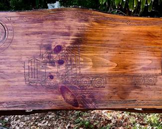 Vintage Wood carved table top with raw edge. Semi-tractor Trailor artwork 