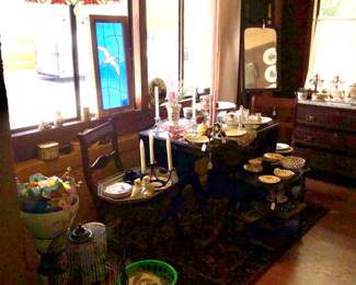 Cherry table and chairs.  Tea cup collection, fine china, figurines, candle sticks.  Birdcage, owl collection, mirrors, Eastlake easel, stained glass.