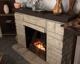 Portable fireplace with lighted logs.  Not a heater.  Very cool.  