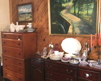 Original painting.  Cherry sideboard.  China, glassware, candlesticks.