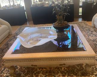 Large scalloped wood and glass coffee table  