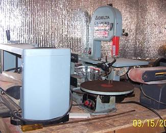12 inch planer, Delta scroll saw, band saw, Craftsman belt/disc sander