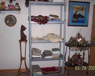 Serving cart, linens, doilies, plant stand w/ cat