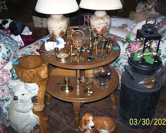 Two tier lamp table, cannons, Koala bear plant stand, milk can