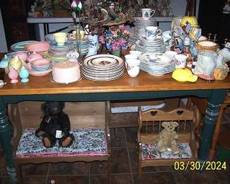 Work table, LuRay, Metlox and Mikasa dishes