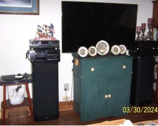 Pioneer stereo system, Fisher turntable, Samsung 55 inch TV, Chokin plates, Jim Shore Disney figure