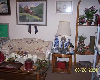 Love seat, bamboo coffee and end table, wicker shelf, water colors