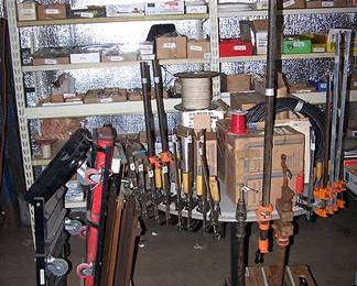 Hardware, metal shelves, clamps and rollers