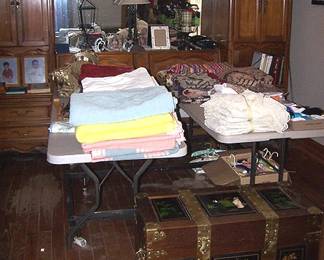 Large headboard, Oriental trunk, blankets