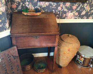 Antique Desk, Vintage Irish Pub Sign, Basket and Vintage Scottish Black Watch Drum