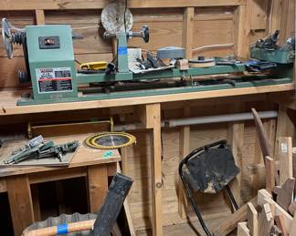Central Machinery wood lathe with 7" sander, Ridge professional shop vac
