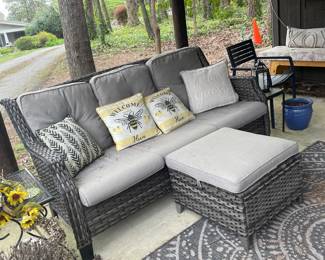 Outdoor sofa and ottoman, outdoor rug, pillows...