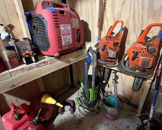 Generator, chain saws, pressure washer, gas cans