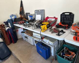 Lots of power tools, 3 air conditioners, tile, paint & electrical supplies, tile cutters....among so many other things