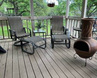 Swivel chairs and Terra Cotta Chiminea