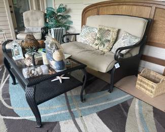 Hampton Bay matching woven outdoor set in excellent condition (used in enclosed space) sofa loveseat, two armchairs with ottomans and coffee table