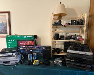Electronics - cameras, video cameras, VHS, DVD players, TV, tripod, telescope, vintage projector screen