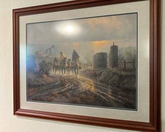 G. Harvey signed and numbered limited edition print - cowobys with oil derrick in background