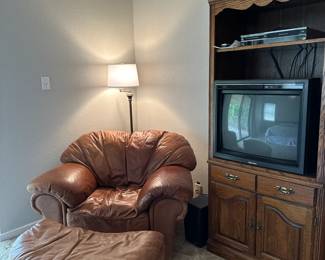 Leather armchair & ottoman, media cabinet