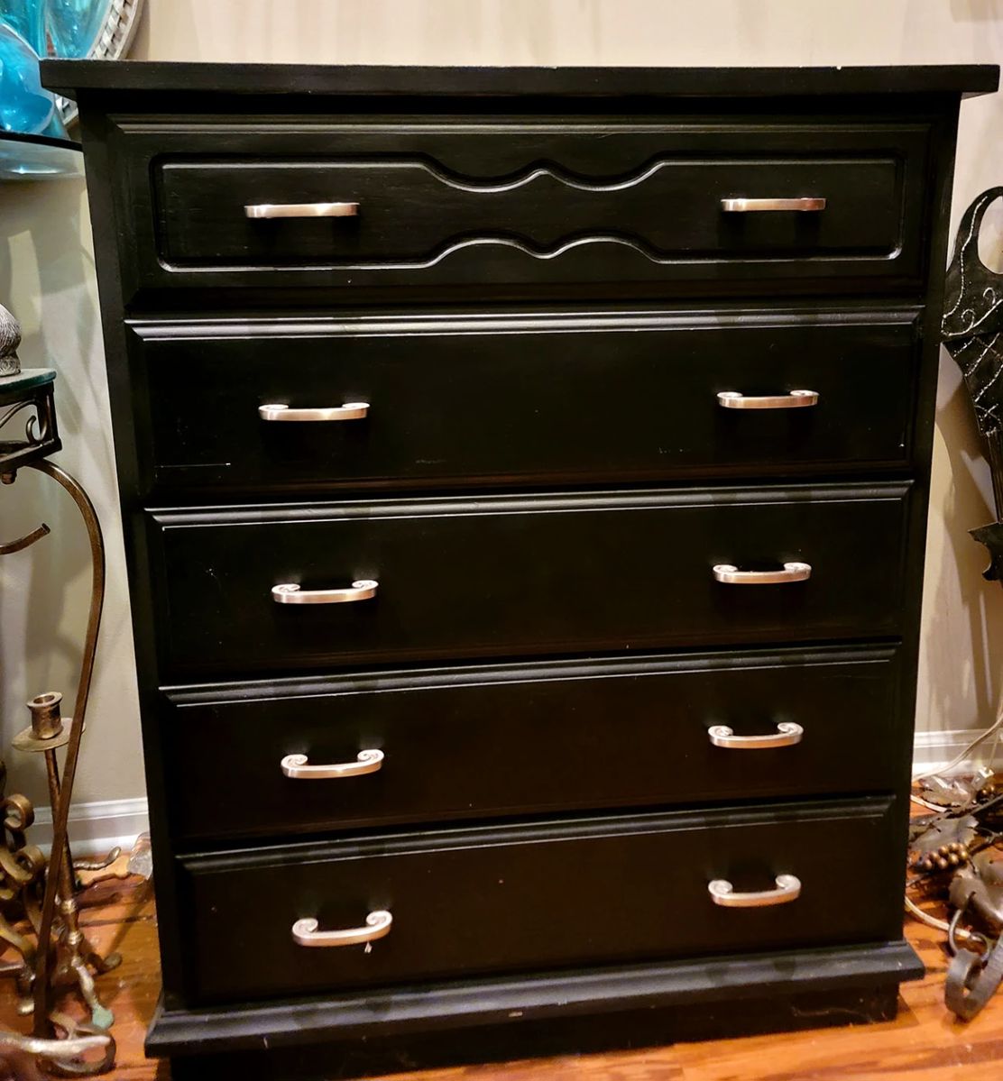 Tall black chest of five roomy drawers with new pulls. All wood. 40w x 41.5h x 17d. Now $65