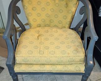 Painted gray vintage chair. It will need a new cushion, perhaps solid gray to combine with yellow cushions! This cushion is not deep enough. Now $40
