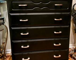 Tall black chest of five roomy drawers with new pulls. All wood. 40w x 41.5h x 17d. Now $65