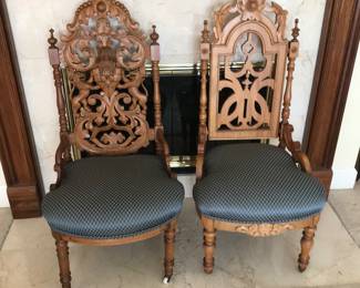 Heavily Carved Wood Chairs on Casters 