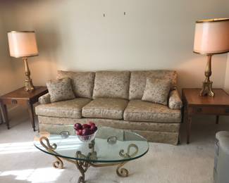Century Sofa, Baker Furniture Co end tables, ceramic dual socket lamps, glass top iron Scroll coffee table 