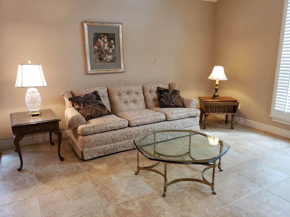 Sofa, Glass Top Coffee Table, Lamps & End Tables
