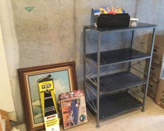 Dart mat, board & score keeping board. 4 shelf book case & air mattress.