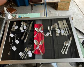 STERLING: 6 pc fork, knife, spoon set (JSCo). 6 spoons patd. 1898, 6 spoons patd. 1904, 3 pc. Sm fork,knife & spoon. Tongs. Fork. Carving set Sterling & Stainless.