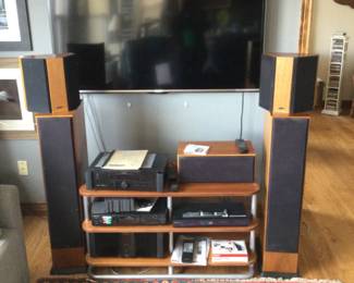 Sharp TV, ROTEL surround processor, ROTEL 5 channel AMP, 5 Von Schweikert speakers, Sony blue ray & a Sony Hi8 video player. 1 big sub woofer you can’t see.
