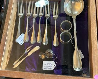 Sterling tea bag strainer, Christofle forks (6), Christofle 12” ladle, sm fork & knife