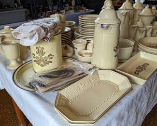 Pfaltzgraff Village bread plates, tin can, kitchen towels...