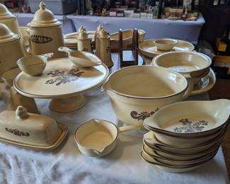 Pfaltzgraff Village cake stand, batter bowl, butter dish, 'au gratin' dishes etc...