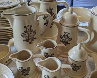 Pfaltzgraff Village pitcher, tea / coffee pots, creamer pitchers and sugar bowl