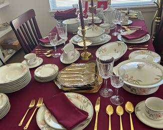 Full table setting with dishes, glasses, silverware. Set of 12.
