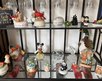 Bambi, Cardinal, Mickey Mouse, Pandas, Teeter Music Boxes. Snowglobe, Chicago Bears, Egg, Wicked Witch, Ducks