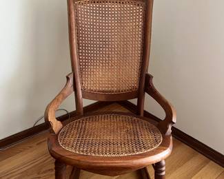 BEAUTIFUL Antique American 19th Century Walnut Rocking Chair with Caned Seat and Back 