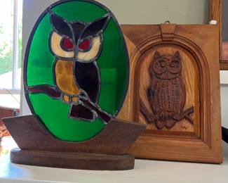 Stained glass owl, carved wood owl plaque