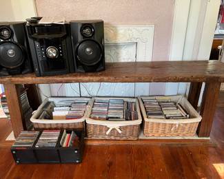 CD's and sound system 
Long primitive Bench