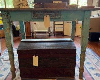 Primitive blue farm table, painted antique chest