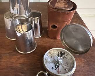 Compass and small cup set in leather holder