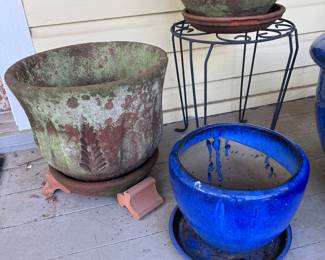 Cobalt blue glazed pot and vintage terra Cotta pots