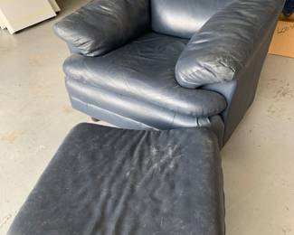 Blue Leather Chair and Ottoman