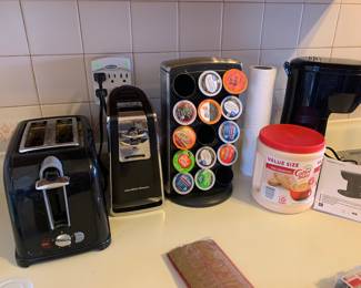 Toaster, Kurig single coffee maker, coffee pod holder