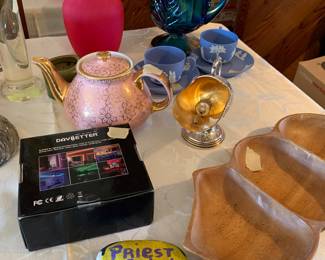 Hull Teapot, Wedgwood Cup and Saucer, and Irradescent Blue Pitcher